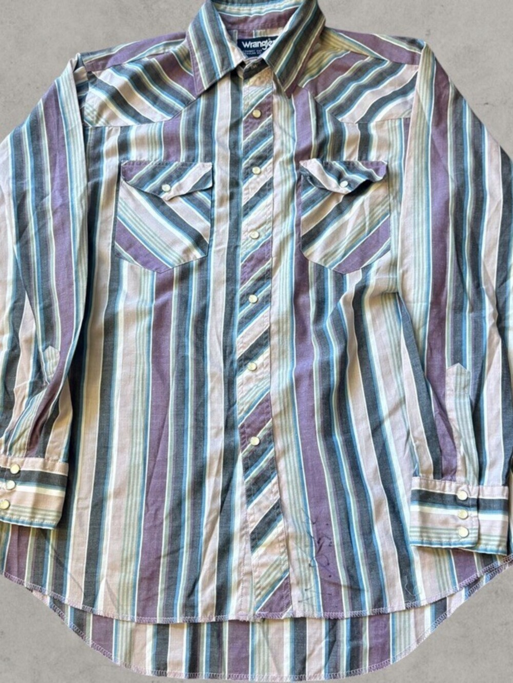 Vintage 90s Wrangler Cowboy Cut Pearl Snap Striped Western Shirt X-Long Tails